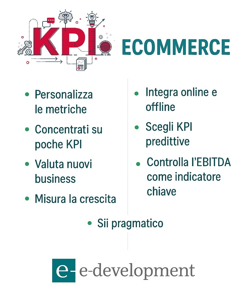 Infografica intitolata “Le 10 regole per analizzare le KPI di un eCommerce”, che illustra in modo sintetico e visivo le principali linee guida per interpretare correttamente i dati, scegliere le metriche giuste, integrare strategia e analisi e migliorare la performance complessiva di un negozio online.